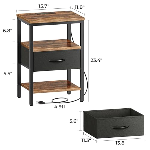 SUPERJARE Nightstand with Charging Station, Fabric Drawer, 3-Tier Storage, Walnut K366263