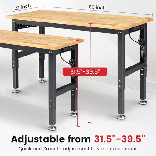 48 Inch Adjustable Height Workbench with Rubberwood Tabletop and Power Outlets X1723