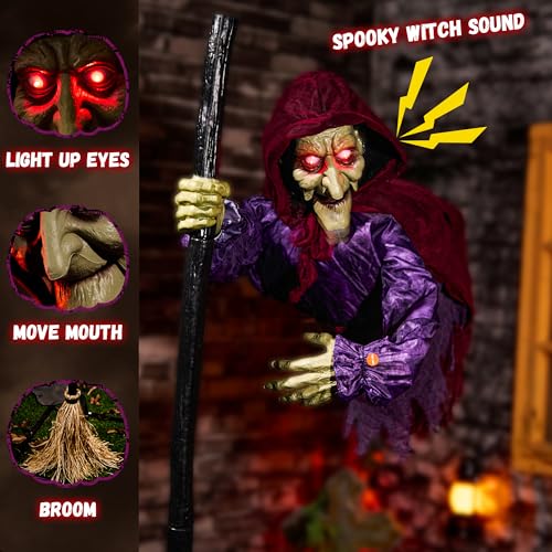 Halloween Animatronics Flying Witch Decorations, 6ft Animated Floating Witch with Sound Z3833