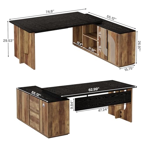 Tribesigns 74.8" L Shaped Executive Desk with Shelves, Black and Brown R6407