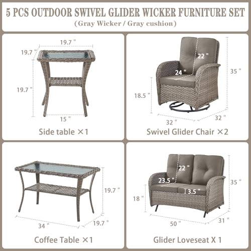 Outdoor Wicker Swivel Rocker Chairs Set of 2 with Rattan Side Table, Brown/Blue B592