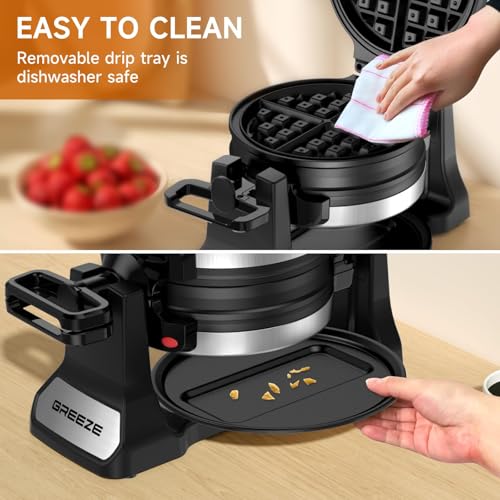 Double Belgian Waffle Maker 1400W, Rotating Nonstick Plates, Stainless Steel P913