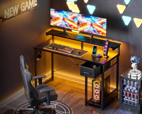 AODK Gaming Desk with LED Lights & Power Outlet, 40 Inch, Black T67329