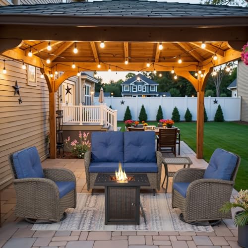 Outdoor Wicker Swivel Rocker Chairs Set of 2 with Rattan Side Table, Brown/Blue B592