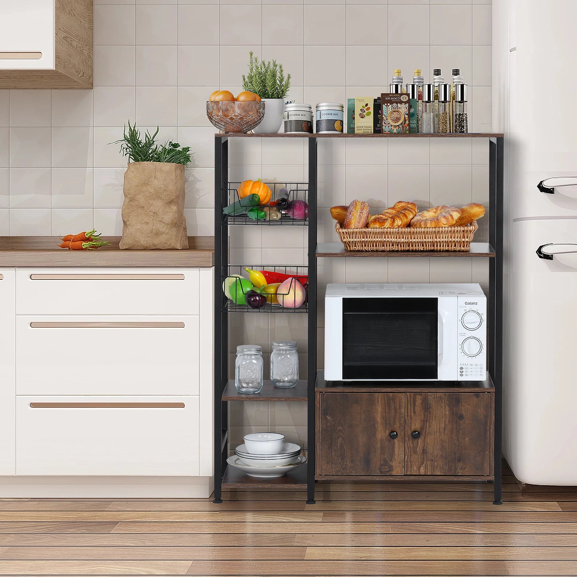 NAIYUFA 5-Tier Kitchen Bakers Rack with Cabinet, Wood Brown G3977