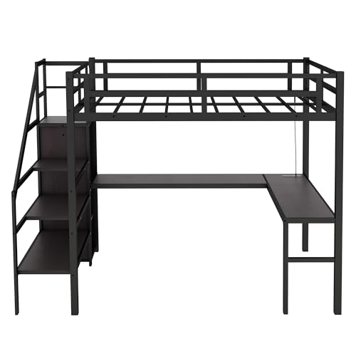 Wood Full Size Gaming Loft Bed with Desk, LED and Charging Station O637