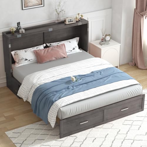 PUREMIND Queen Murphy Bed Cabinet with 2 Storage Drawers and USB Charging Station R5817