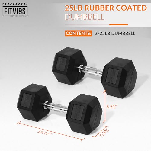 Hex Dumbbells Rubber Coated Hand Weights, 25 LB Pair V6883
