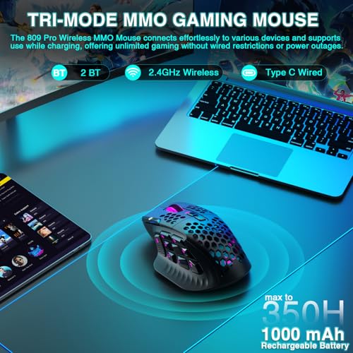 SM809 Pro Wireless MMO Gaming Mouse 24000 DPI Triple Connectivity RGB Black A4613