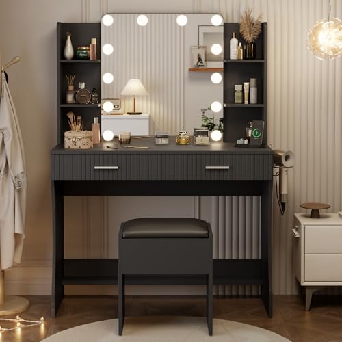 White Vanity Desk with LED Mirror and Storage Stool D5834