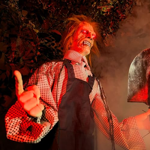 Haunted Hill Farm 5.25-ft Standing Gravekeeper Animatronic with Red LED Eyes and Sound Effects X9371