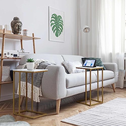 C Shaped Side Table Set of 2, Marble End Table for Sofa and Bed, White and Black O683294