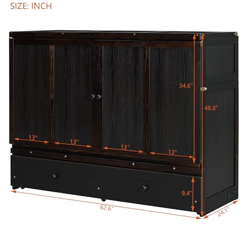 Queen Size Murphy Bed with Drawers and Charging Station, Espresso O1227
