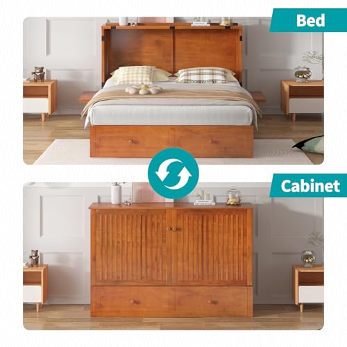 BALUS Murphy Cabinet Bed Queen with USB Charging Station, Tri-Fold Mattress, Dark Grey V81631