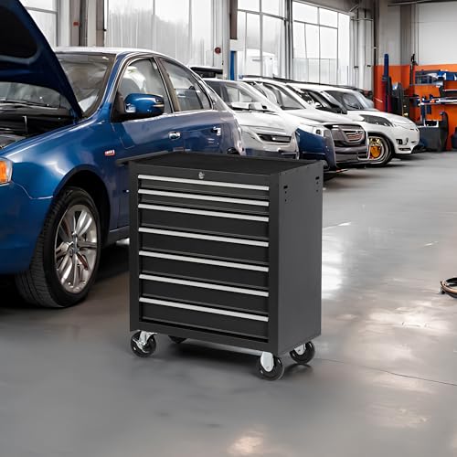 7-Drawer Rolling Tool Chest with Wheels, Lockable Steel Storage Cabinet, Black S62207