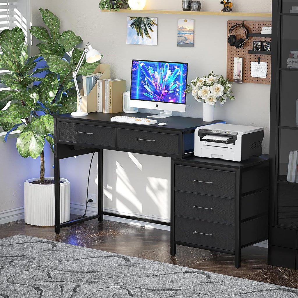 Computer Desk with 5 Drawers, Power Outlets and USB Ports, Black C972