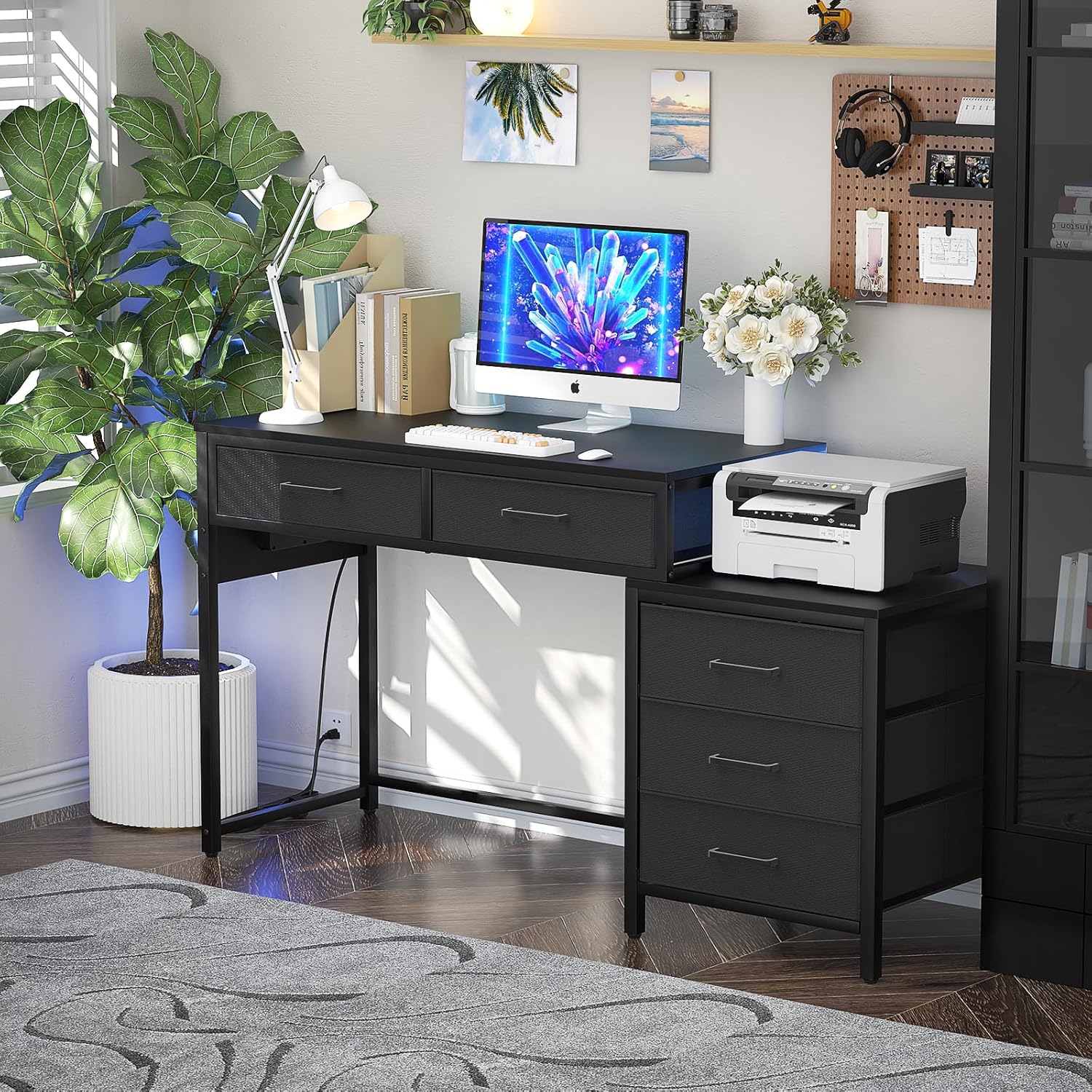 Computer Desk with 5 Drawers, Power Outlets and USB Ports, Black C972