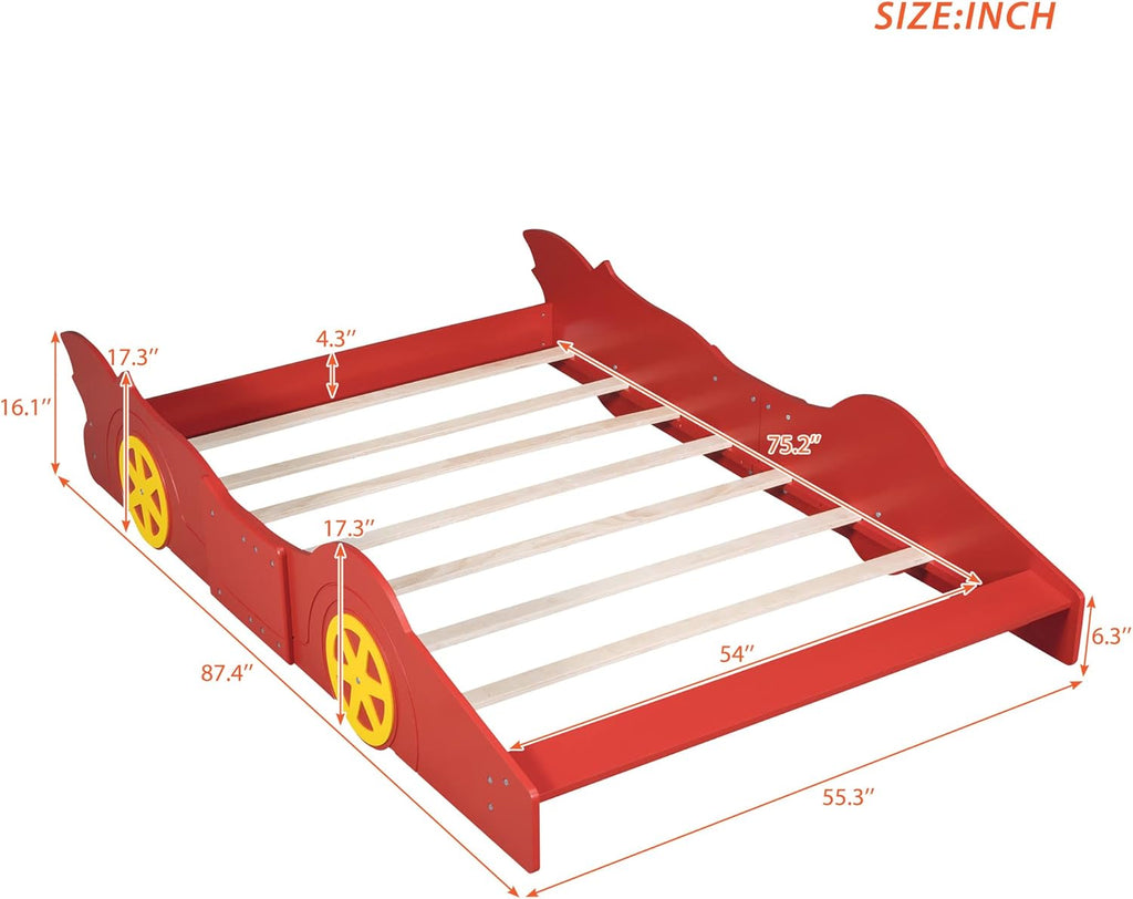 Full Size Red Wooden Race Car Platform Bed for Kids W34286