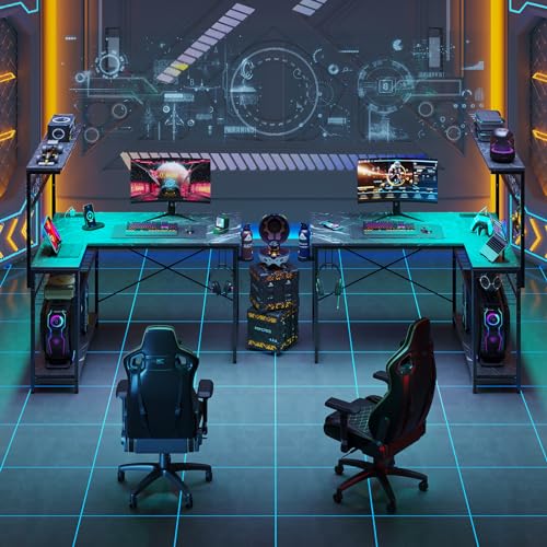 Bestier 42 L Gaming Desk with Power Outlets, LED Lights and Shelves D8630