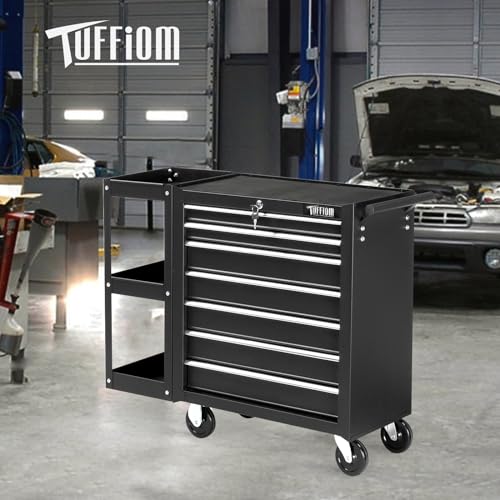 TUFFIOM 7-Drawer Rolling Tool Chest with Side Shelves and Lockable Wheels L105