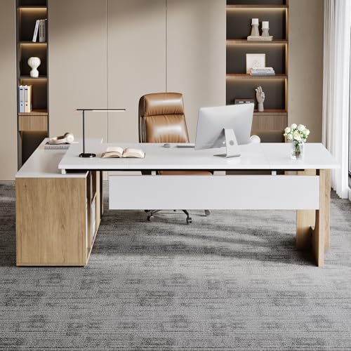 Tribesigns 74.8" L Shaped Executive Desk with Shelves, Black and Brown R6407