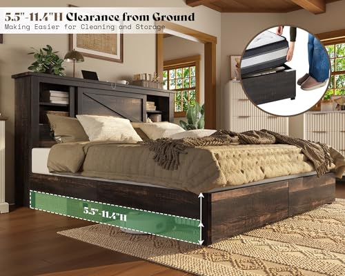 AMERLIFE King Bed Frame with Bookcase Headboard and Charging Station V4787