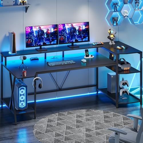 SEDETA Gaming Desk 70.8'' with LED Lights and Storage Shelves, Black Y2845