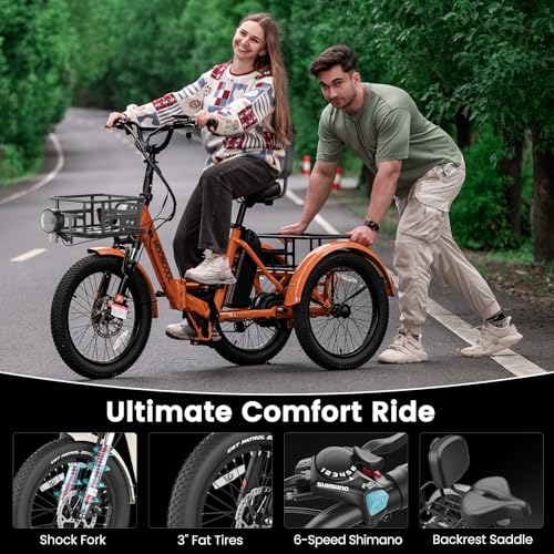 MOONCOOL Electric Tricycle for Adults, 500W 48V Folding 3-Wheel Bike with Basket O9027
