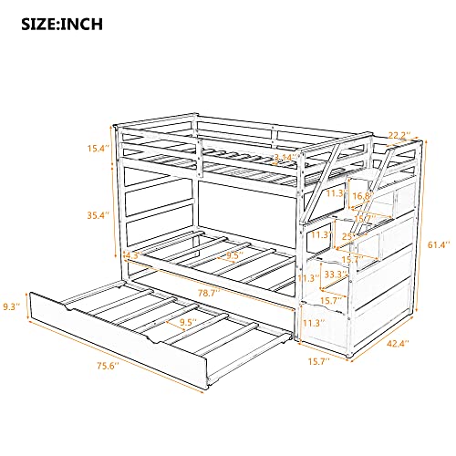 Twin-Over-Twin Bunk Bed with Trundle and Storage Stairs, White P5312