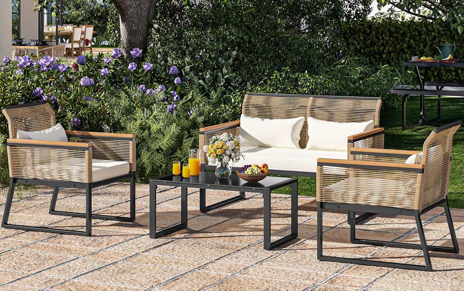 YITAHOME Patio Furniture Wicker Outdoor Bistro Set, 4-Piece All Weather Rattan Conversation Loveseat for Backyard, Balcony and Deck with Wooden Armrest, Gray Cushions and Metal Coffee Table