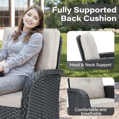 Outdoor Wicker Swivel Rocker Chairs Set of 2 with Rattan Side Table, Brown/Blue B592