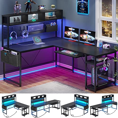 SEDETA L Shaped Gaming Desk with Power Outlet and Pegboard, Black B28201