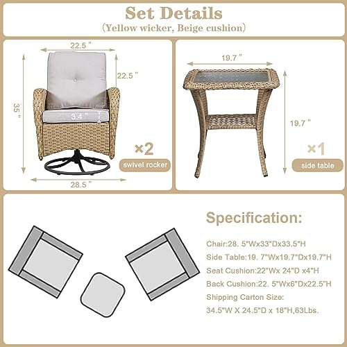 Outdoor Wicker Swivel Rocker Chairs Set of 2 with Rattan Side Table, Brown/Blue B592
