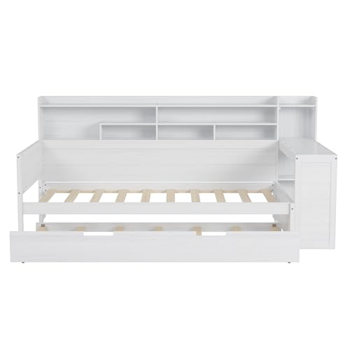 Bellemave Twin Corner Bed Frame with Storage Shelves and Desk, Gray L74206