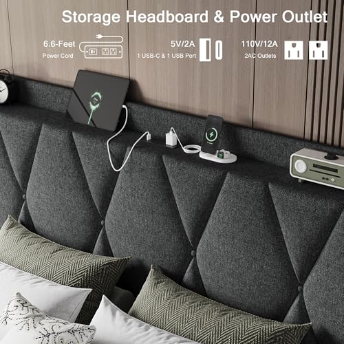 Queen Bed Frame with 4 Storage Drawers and Charging Station, Black S804993