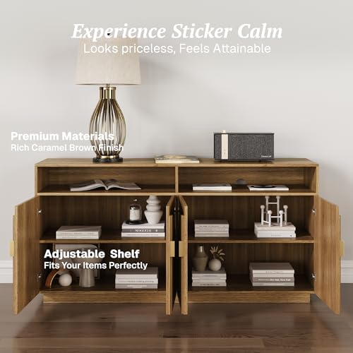BELLEZE 65 Inch Fluted Buffet Cabinet with Storage, Caramel Brown U96619