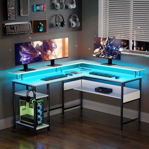 Rolanstar Computer Desk 56.7" with LED Lights and Power Outlets, Carbon Fiber Surface K1543