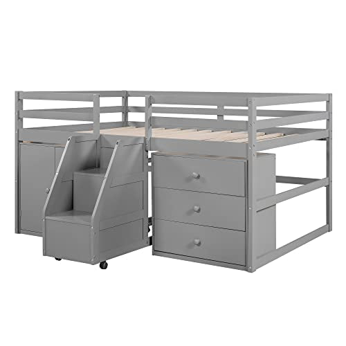 Full Size Low Loft Bed with Retractable Writing Desk and Storage Q64739