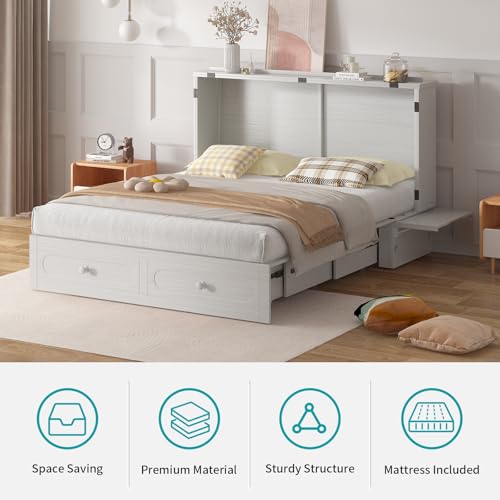 BALUS Murphy Cabinet Bed Queen with USB Charging Station, Tri-Fold Mattress, Dark Grey V81631