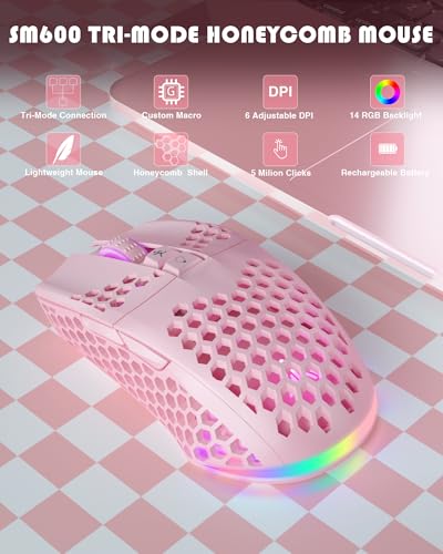 SM600 White Wireless Gaming Mouse, 8000 DPI Tri-Modes RGB E7535