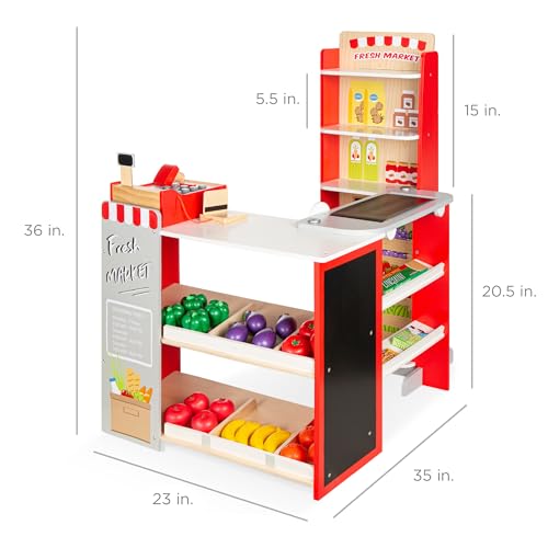 Pretend Play Grocery Store Wooden Supermarket Toy Set for Kids with Play Food, Cash Register, Conveyor - Red I3448