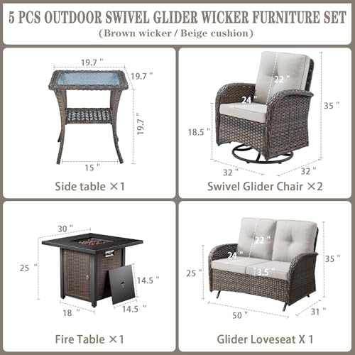 Outdoor Wicker Swivel Rocker Chairs Set of 2 with Rattan Side Table, Brown/Blue B592