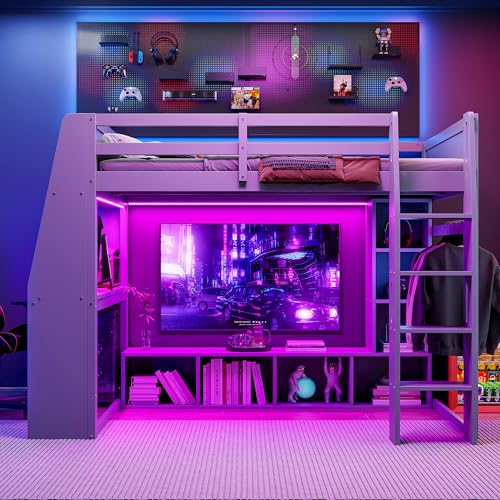 SOFTSEA Full Size Loft Bed with Desk, Storage and LED Lights, Solid Wood, Grey Q282