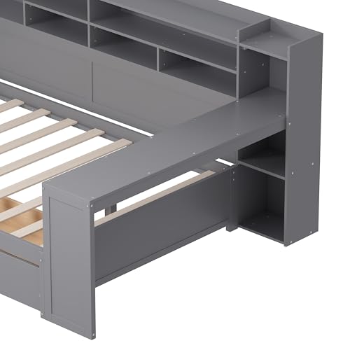 Bellemave Twin Corner Bed Frame with Storage Shelves and Desk, Gray L74206