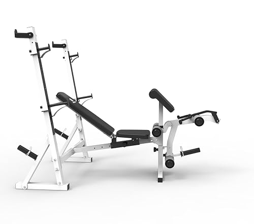 Marcy Olympic Workout Bench with Preacher Curl Pad and Weight Rack, White/Black R86365