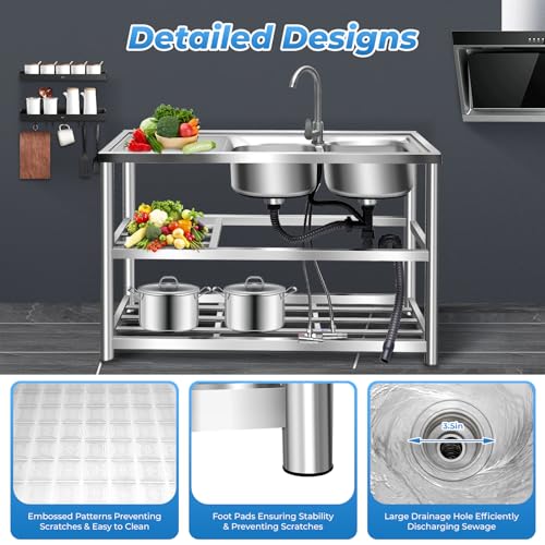 2 Compartment Stainless Steel Commercial Kitchen Utility Sink with Prep Counter V293960