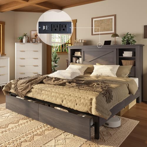 AMERLIFE King Bed Frame with Bookcase Headboard and Charging Station V4787