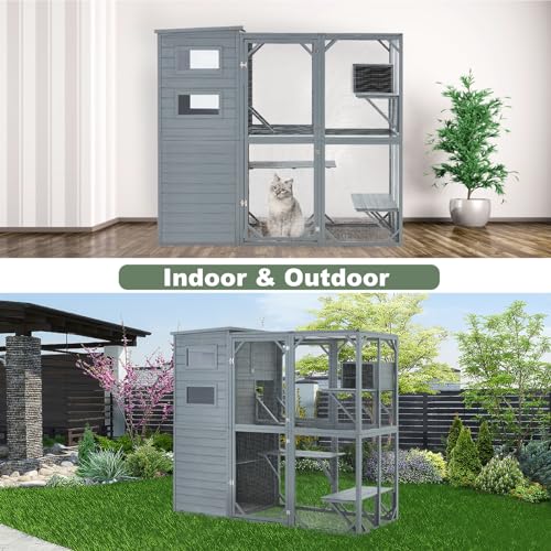 Mdeam Large Catio Outdoor Cat Enclosure with Weatherproof Roof, Grey Green W3403
