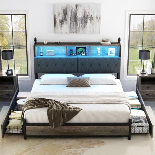 AMERLIFE Full Size Bed Frame with Bookcase Headboard, Charging Station, Rustic Brown H544