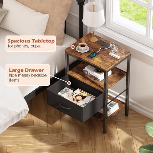 SUPERJARE Nightstand with Charging Station, Fabric Drawer, 3-Tier Storage, Walnut K366263
